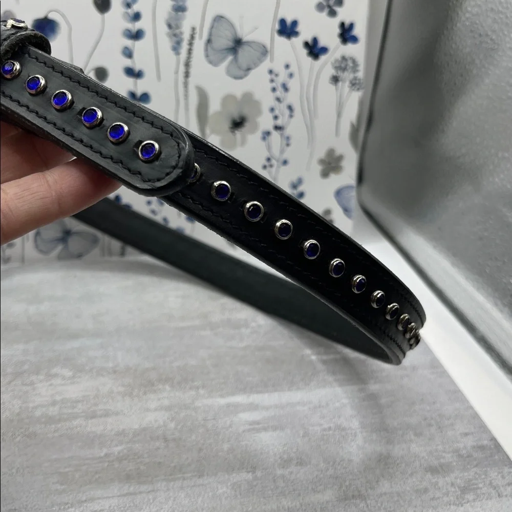 Black Leather Belt with Cobalt  Blue Accents Rhinestone Silver Tone Size 28